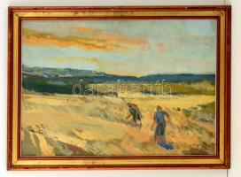 Somogyi János (1928-2010): Földeken. Olaj, farost, jelzett, keretben, 50×70 cm