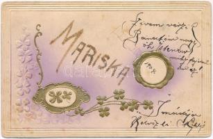 Mariska / Nameday greeting postcard, golden decorated, Emb. (EK)