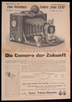 1904 Zwei-Verschluss Camera "Union XXVII", Drezda, Lehmannsche Buchdruckerei, német nyelven, szakadással a hajtásnyom mentén, 4 p., 39x27 cm.