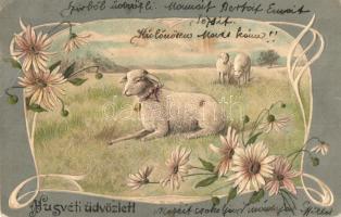 'Húsvéti üdvözlet' / lamb, floral, Art Nouveau, Emb. litho (kis szakadás / small tear)