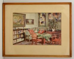 Diósy Antal (1895-1977): Enteriőr 1966. Akvarell, papír, jelzett, üvegezett keretben, 38×58 cm
