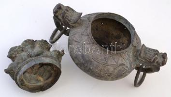 Antik, őrző oroszlánokkal, sárkány- és elefántmotívumokkal díszített kínai füstölőedény, réz, kopásn...