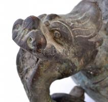 Antik, őrző oroszlánokkal, sárkány- és elefántmotívumokkal díszített kínai füstölőedény, réz, kopásn...