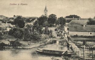 Almás, Aljmas; falu látképe patakkal és híddal / river and bridge