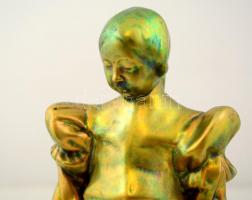 Zsolnay parasztlány libákkal, eozin mázas, jelzett, hibátlan, formaszám:9998, m:24 cm / Zsolnay peas...