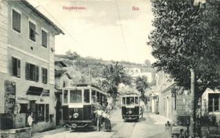 Ika, Ica; Fő utca, 11-es és 7-es sorszámú villamosok, Divald Károly / main street with trams, shops