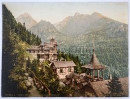 cca 1910 Rózsa Szálloda a Tátrában, a Nagy-Tarpataki-völgyben, színezett fotó, feliratozva, 17x22 cm./ cca 1910 Hotel Rose in the Tatra, in the 'Veľká Studená dolina', coloured foto, with writings, 17x22 cm.