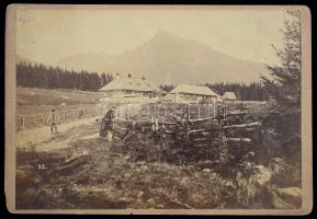 cca 1896 A magas Tátra, Kriván Podbanszka felől, Divald K., Eperjes-Budapest, a hátoldalán Csorba-tó, 1896 bejegyzéssel, kisebb sérüléssel a sarkánál, 11x16 cm.