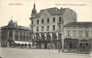 Nagyvárad, Oradea; Poynár ház, Rimanóczy szálloda, Műbútorgyár, fogorvos, China ezüstgyári raktár, Jelinek Ferenc, Koch testvérek és Erdős és Grüngeld üzlete / street with hotel, shops