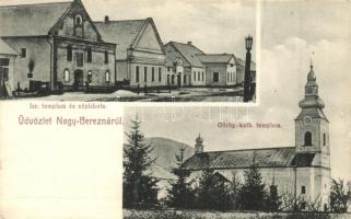 Nagyberezna, Velykyi Bereznyi, Velká Berezna; Izraelita templom és népiskola, Görög katolikus templom, zsinagóga. Friedmann Szigmond kiadása / synagogue, school, church