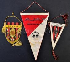 3 db futballzászló(Ajax, A.C.Milan), h: 13 és 22 cm