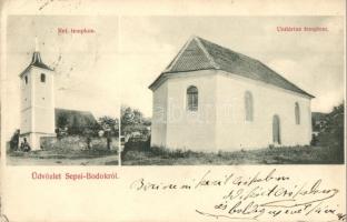 Sepsibodok, Bodoc; Református és unitárius templomok, Dunky Fivérek kiadása / churches (EK)