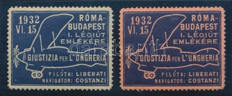 1932 Budapest-Róma repülés 2 db klf színű levélzáró