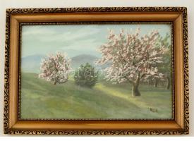 Mille jelzéssel: Virágzó fák. Vegyes technika, vászon, üvegezett keretben, 23×38 cm