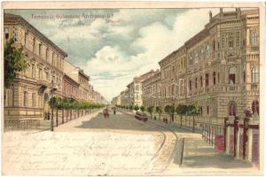 1899 Temesvár, Timisoara; Gyárváros, Andrássy út, villamos, Corvina könyvereskedés kiadása / street, tram, litho (EB)