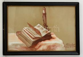 Helcz Edit (1881-1969): Nyitott könyv. Pasztell, papír, jelzett, üvegezett keretben, 32×49 cm