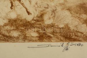 Szennik György (1923-2007): Vihar a Hortobágyon. Rézkarc, papír, jelzett, üvegezett keretben, 31×50 ...