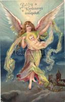 Boldog Karácsonyi Ünnepeket! / Christmas greeting card, angel with child at night, litho (EK)