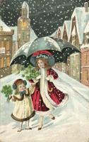Christmas greeting card, mother and child at night, clovers, snowing, K.u.K. military field post, litho (EK)