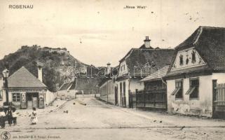 Rozsnyó, Barcarozsnyó, Rosenau, Rasnov; Neue Welt utcakép a várral, Wilhelm Mayer üzlete. H. Zeidner kiadása / street view, castle, shop