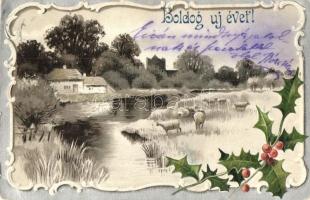 Boldog Új Évet! / New Years greeting card, metallic decorated, Emb., Erika Nr. 3719. 3. Dessin litho (EK)