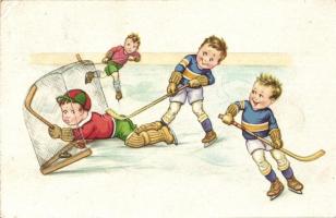 Boys playing ice hockey, humour, Amag No. 0448. (EK)