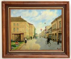 Škorvánek, Jozef Imrich (1885-1963): Komárom, Vármegye utca, olaj, vászon, fa keretben, 43,5×54 cm