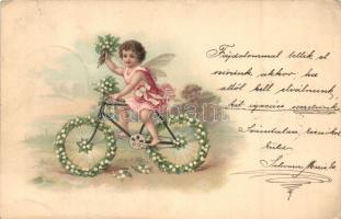Angel on bicycle, greeting card, litho (EK)