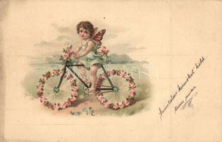 Angel on bicycle, greeting card, litho