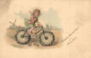 Angel on bicycle, greeting card, litho