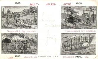 1899 Múlt, jelen, jövő (1805-1855-1905-1930); grafikai közlekedéstörténet / evolution of transport (EK)