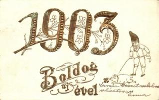 1903 Boldog Új évet! / New Year, dwarf with pig. Golden Emb.