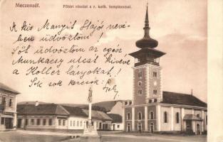 Mecenzéf, Metzenzéf, Medzev; Fő tér, római katolikus templom, Göbl A. László vas-, fűszer- és porcelánkereskedése és saját kiadása / main square, church, shop (vágott / cut)