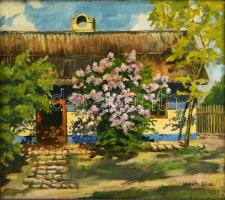 Koch Ella (?-?): Ház udvar virágzó orgonával. Olaj, vászon, sérült keretben, 39×48 cm