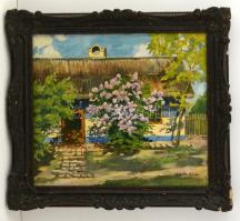 Koch Ella (?-?): Ház udvar virágzó orgonával. Olaj, vászon, sérült keretben, 39×48 cm