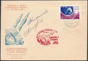 Pavel Popovics (1930-2009) és Adrijan Nyikolajev (1929-2004) szovjet űrhajósok aláírásai emlékborítékon /  Signatures of Pavel Popovich (1930-2009) and Adriyan Nikolayev (1929-2004) Soviet astronauts on envelope