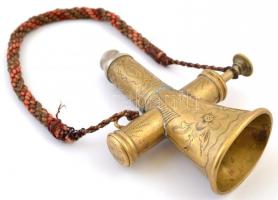 Díszes tűzoltó síp, réz, poncolt, szíjjal, m: 11 cm /  Decorated firemans whistle, copper, with band, h: 11 cm