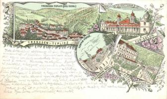 1897 (Vorläufer!) Trencsénteplic, Trencianske Teplice; gyógyterem, Hamam-fürdő, Teplicz szálloda / spa, hotel, floral, litho
