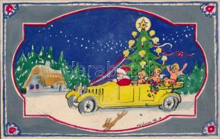 Kónya Zoltán (1891-?): Karácsonyi üdvözlet, reklámterv, vegyes technika, papír, jelzett, 10,5×16,5 cm