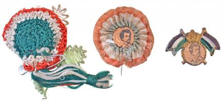 3db-os kokárda, illetve nemzetiszínű fém jelvény és kitűző tétel, kettő Petőfi Sándor arcképével T:2-,3 tűhiány