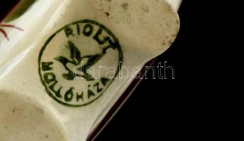 Hollóházi riolit kulacs, kézzel festett, jelzett, kis csorbákkal, m:16 cm