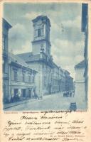 1899 Budapest V. Lipót utca, Dominikánus templom, Fölsei Kornél a Fekete Kutyához címzett üzletével. Divald Károly 52.