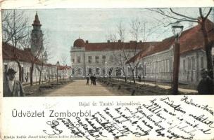 1899 Zombor, Sombor; Bajai út, Tanító képezde / street view with teachers training institute (kis szakadás / small tear)