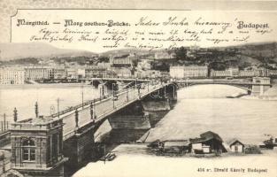 Budapest, Margit híd pesti hídfő, háttérben Lukács fürdő. Divald Károly 416.