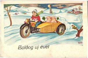 'Boldog új évet!' / New Year greeting postcard, pigs, motorcycle with sidecar, s: Gyulai (EK)