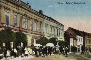 Siklós, Polgári Leányiskola, Takarékpénztár, Steinbach József üzlete, K. J. Bp. (vágott / cut)