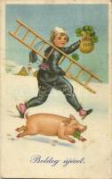 Boldog új évet! / New Year greeting postcard, pig, chimney sweeper, s: Zsolt (EK)