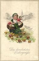 'Die herzlichsten Ostergrüsse' / Easter  greeting postcard, child, chickens, litho (EK)