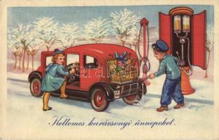 Kellemes karácsonyi ünnepeket / Christmas greeting postcard, automobile, petrol station, s: Zsolt (EK)
