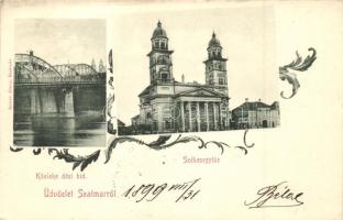 1899 Szatmárnémeti, Satu Mare; Közlekedési híd, Székesegyház, Reizer János kiadása / bridge, cathedral, floral